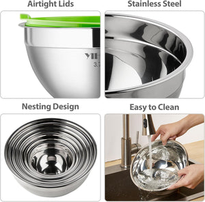 YIHONG 7 Piece Mixing Bowls with Lids for Kitchen, Stainless Steel Mixing Bowls Set Ideal for Baking, Prepping, Cooking and Serving Food, Nesting Metal Mixing Bowls for Space Saving Storage