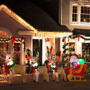 YIHONG 12 Ft Long Christmas Inflatables Santa on Sleigh with 3 Reindeers and Gifts Bag Decorations - Blow up Party Decor for Indoor Outdoor Yard with LED Lights