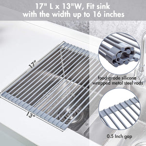 2 Pack Roll Up Dish Drying Rack, YIHONG 17 x13 Inch Over the Sink Dish Rack, Kitchen Multipurpose Foldable Dish Drying Rack for Sink Counter, Gray