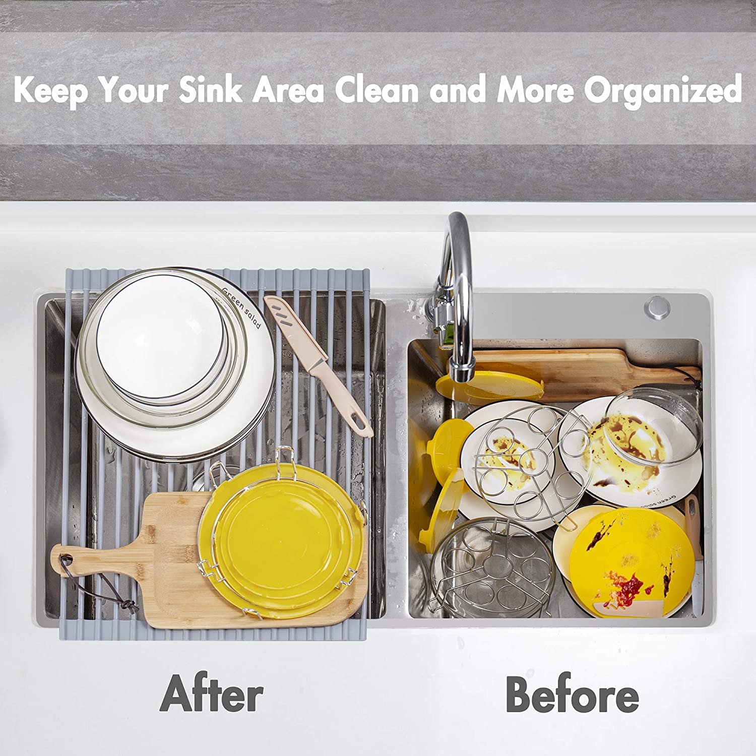 Kitchen sink with clean dishes and accessories, order and comfort