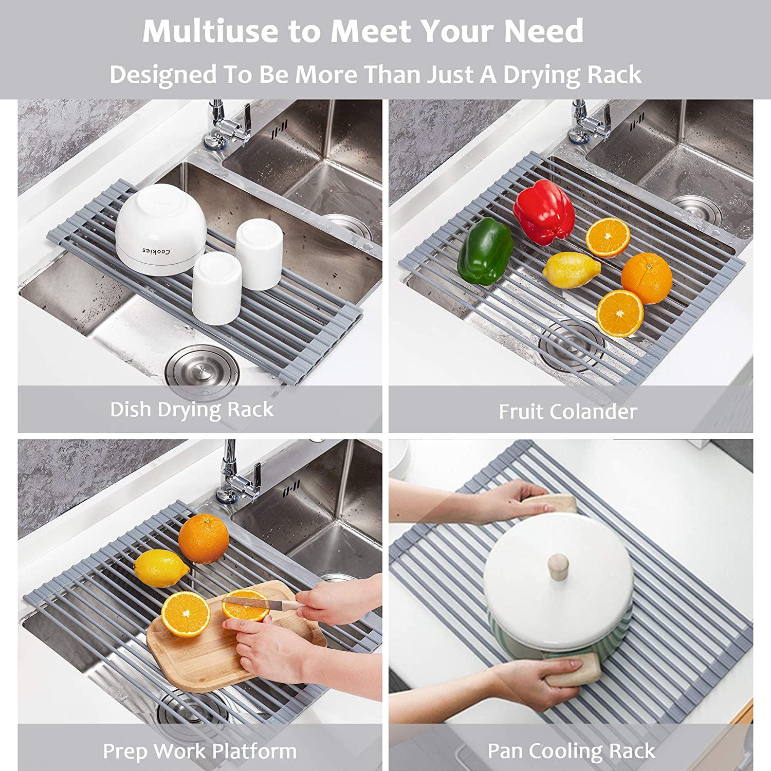 HKEEY Roll Up Dish Drying Rack, Over The Sink Dish Rack Foldable,  Heat-Resistant, Anti-Slip Silicone Coated Steel Dish Drainer for Kitchen  Sink